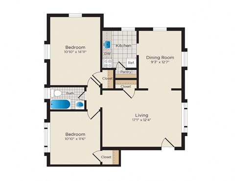 Floor plan for 2 beds, 1 bath, 741 sqft
